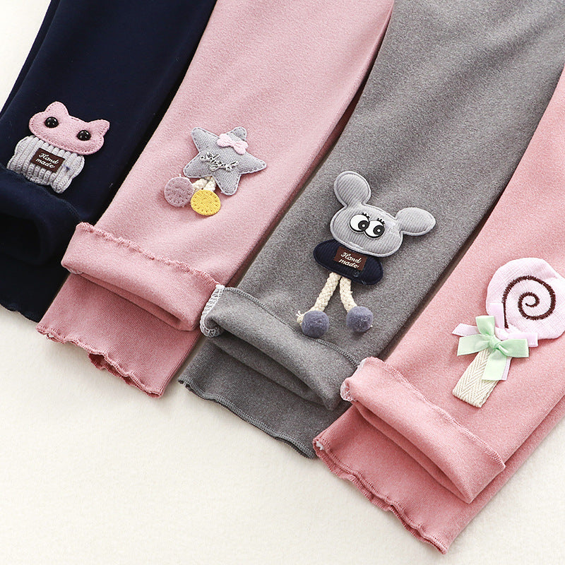Girls' autumn leggings featuring pink, grey and black color options with decorative character designs