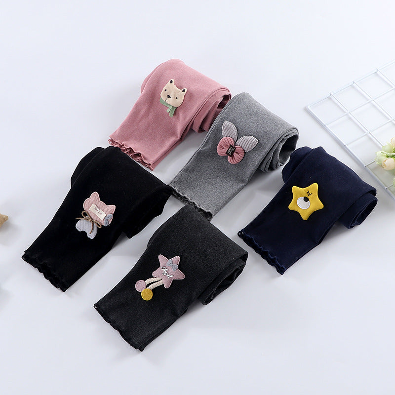 Pink and grey girls' leggings with cute decorative character designs